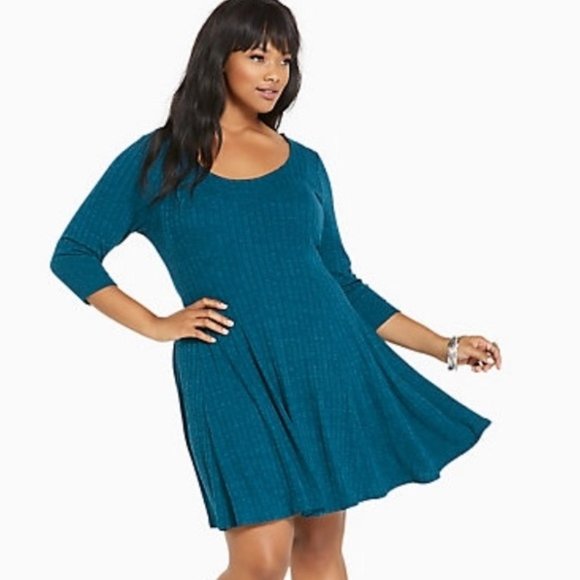 Torrid Teal Ribbed Fluted Skater Dress 